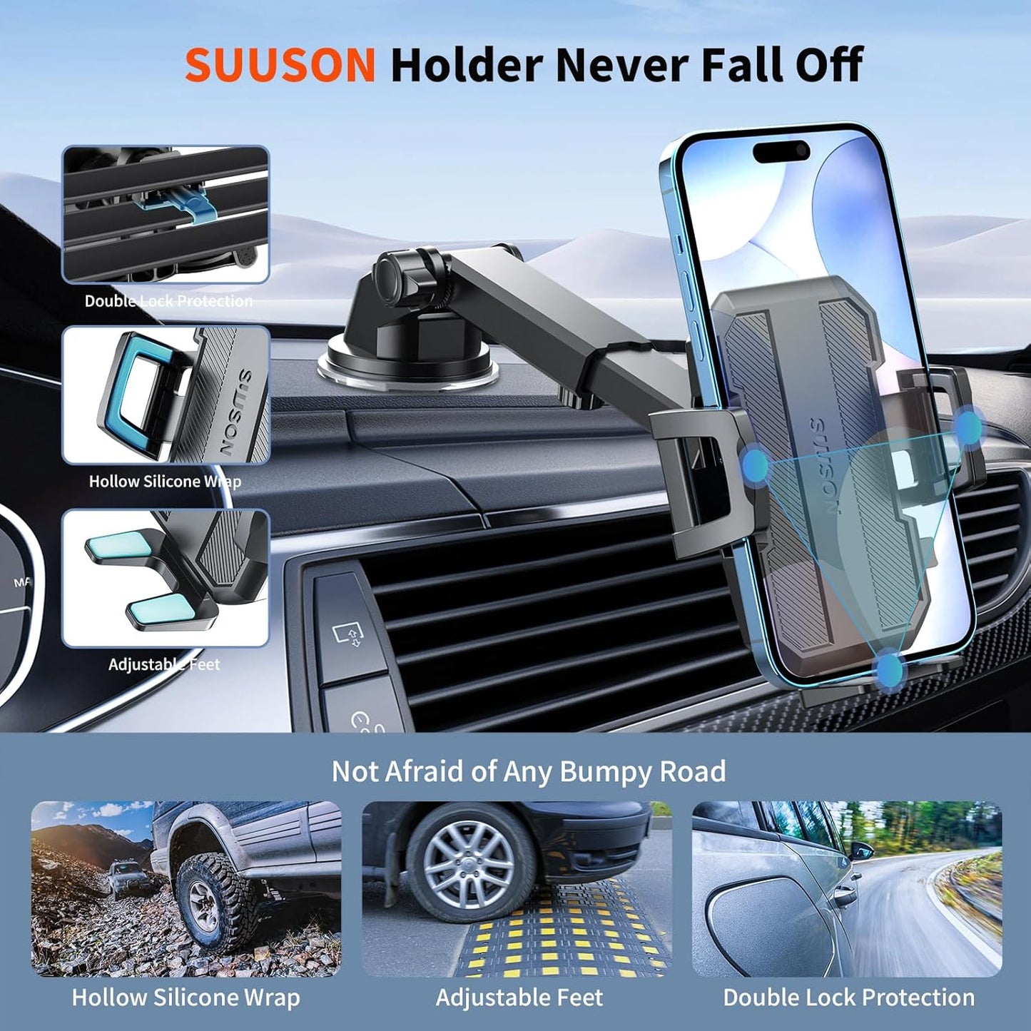 Upgraded 3-In-1 Car Phone Holder Mount [Powerful Suction] Phone Mount for Car Dashboard Air Vent Windshield,For All Iphone Android Phone (Black)