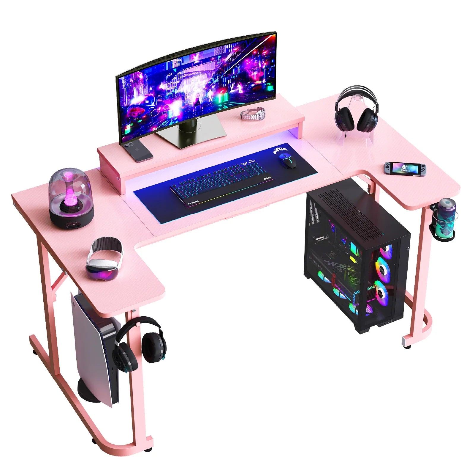 59 Inch U Shaped Gaming Desk with LED Lights, Computer Desk with Monitor Stand, Hooks and Cup Holder, Home Office Desk, Pink