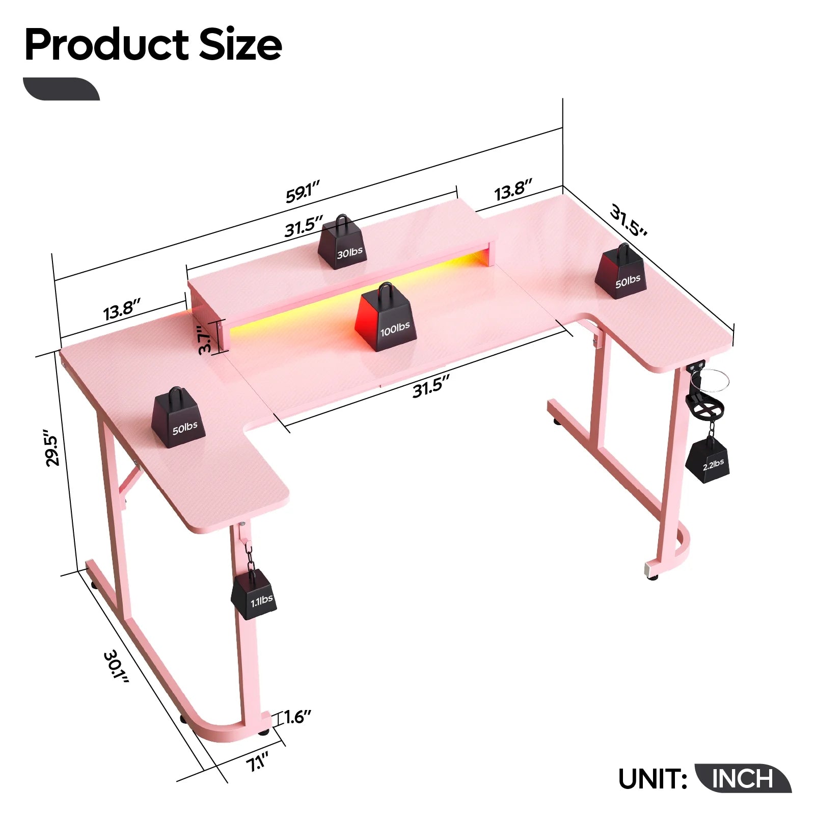 59 Inch U Shaped Gaming Desk with LED Lights, Computer Desk with Monitor Stand, Hooks and Cup Holder, Home Office Desk, Pink