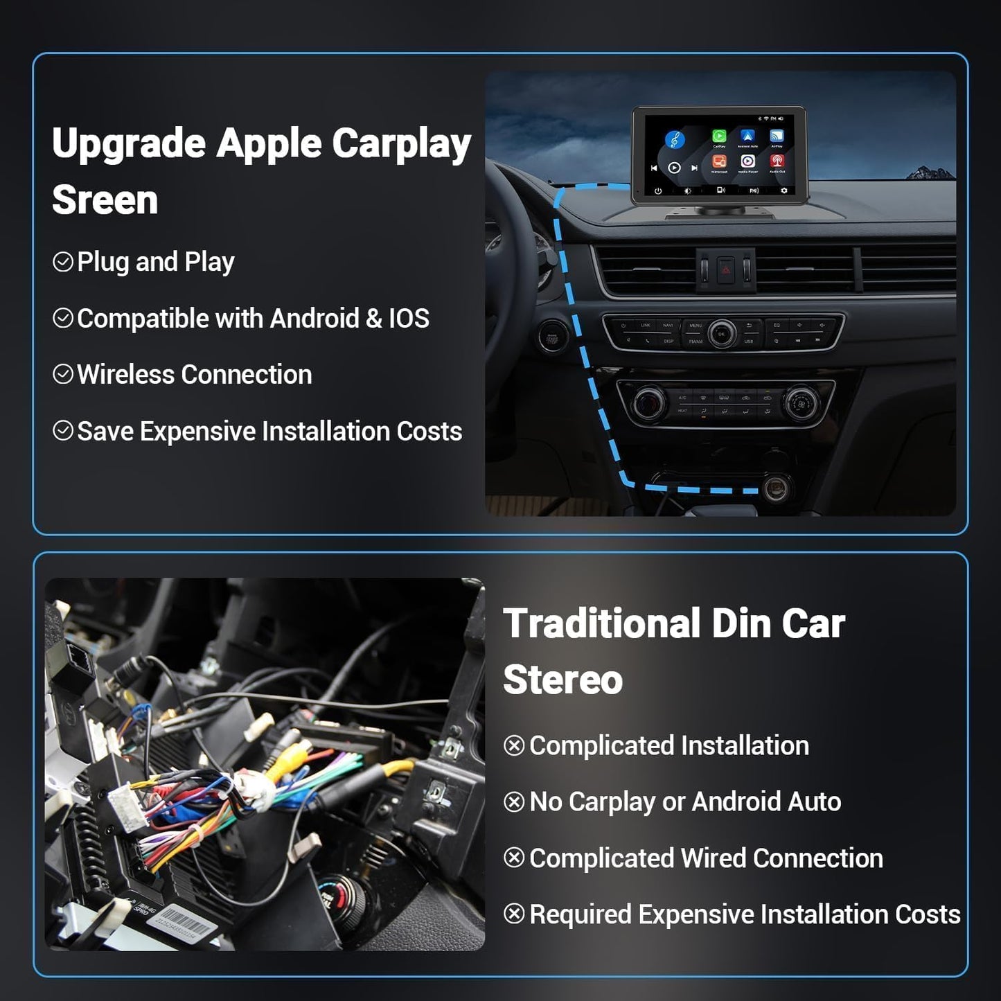 Wireless Car Stereo Compatable with Apple Carplay and Android Auto,7" HD Portable Bluetooth Carplay Touch Screen for Car,With Backup Camera Car Play for All Cars