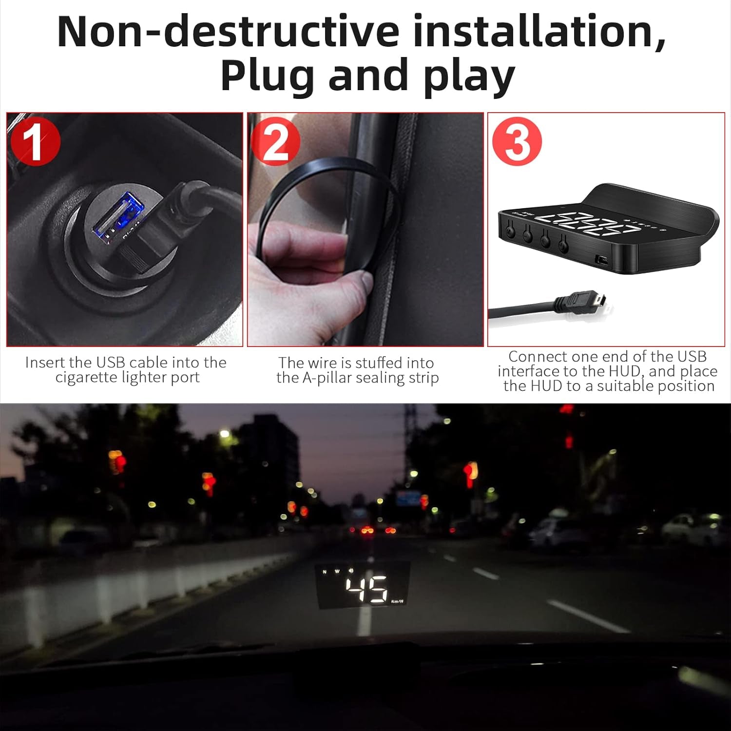 Windshield Head up Display for Car, Digital Speedometer for Car, HUD GPS Car Speedometer MPH with Travel Direction Function, and Overspeed Alarm, Fatigue Driving Alarm for All 5V Vehicles