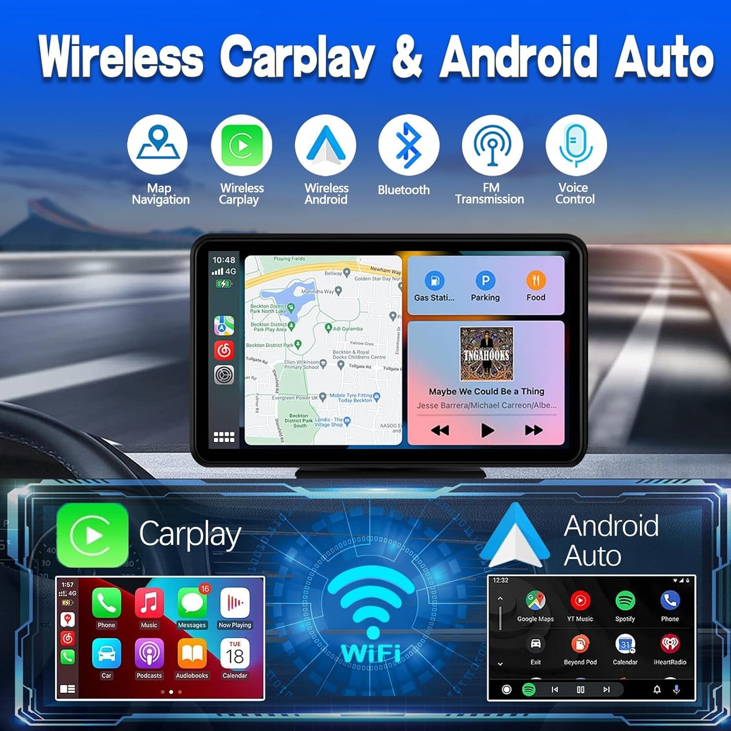 Wireless Car Stereo Compatable with Apple Carplay and Android Auto,7" HD Portable Bluetooth Carplay Touch Screen for Car,With Backup Camera Car Play for All Cars