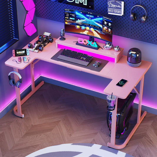 59 Inch U Shaped Gaming Desk with LED Lights, Computer Desk with Monitor Stand, Hooks and Cup Holder, Home Office Desk, Pink