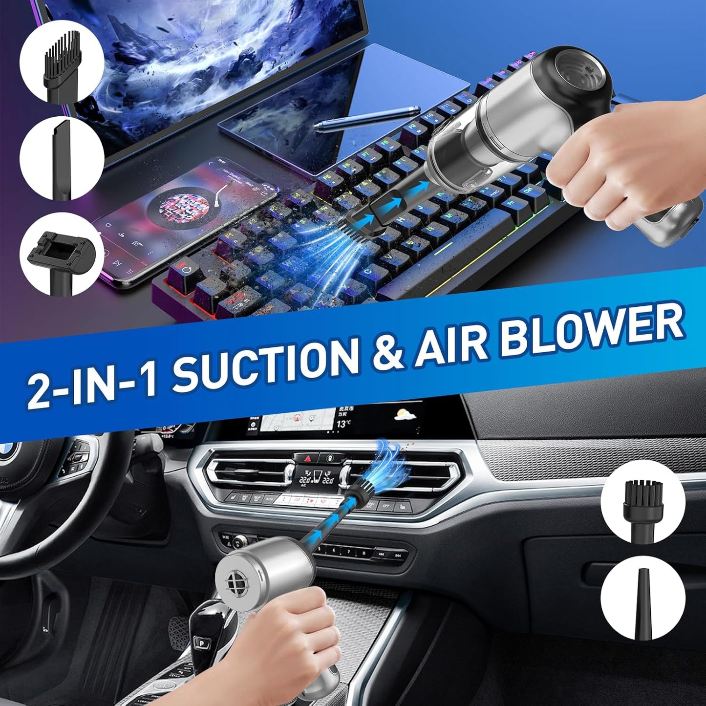 Handheld Car Vacuum Cleaner Cordless with Brushless Motor, 20000PA High Power Vacuum Cleaner & Air Duster, 3 in 1 Keyboard Portable Vacuum Cleaner, Mini Hand Held Vacuum Cleaner for Car Home