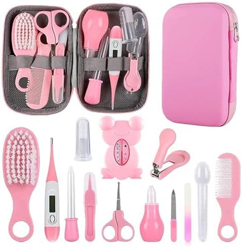 Baby Grooming Kit, Infant Safety Care Set with Hair Brush Comb Nail Clipper Nasal Aspirator,Baby Essentials Kit for Newborn Girls Boys (Pink Baby Grooming Kit)