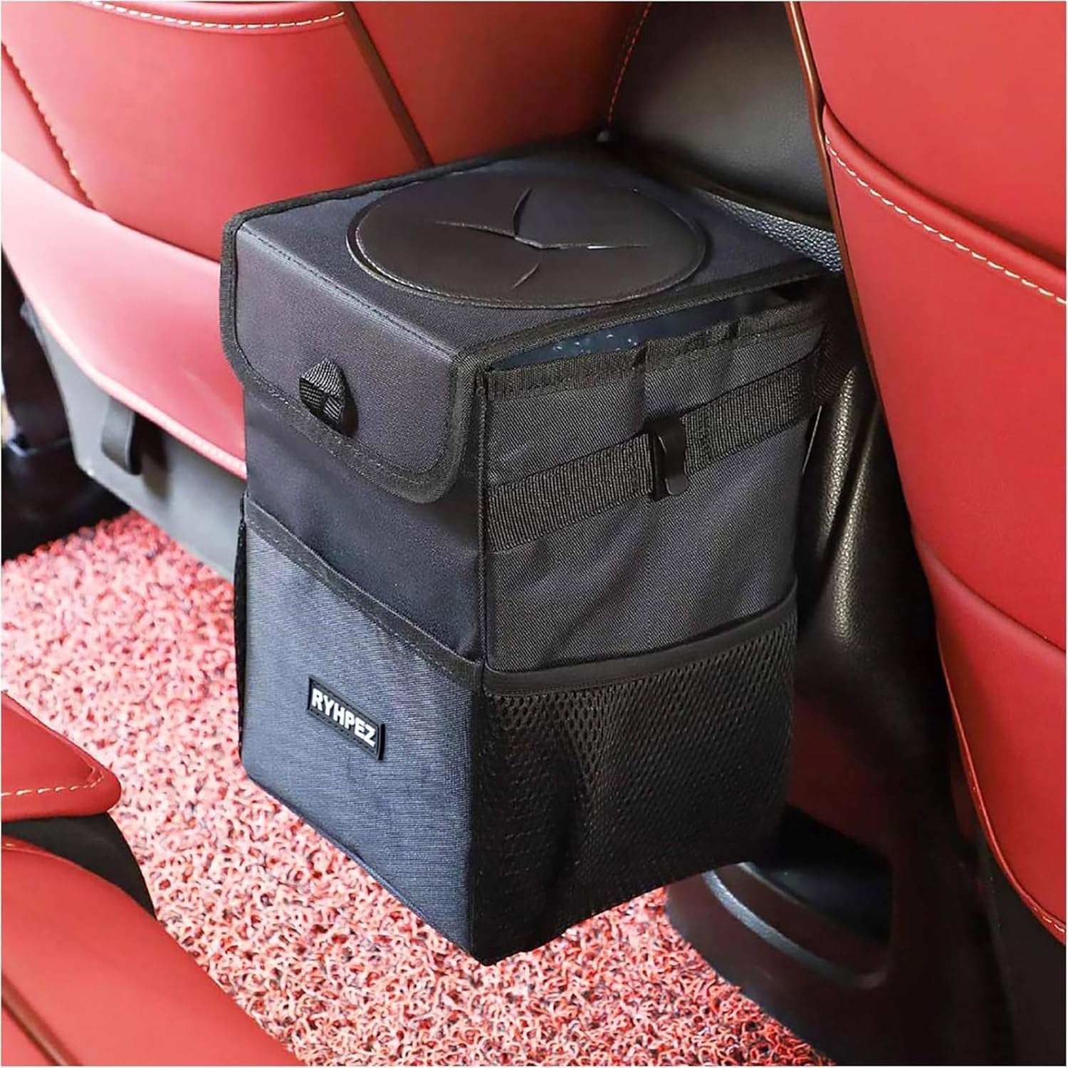 Car Trash Can with Lid - Car Trash Bin with Storage Pockets, Car Garbage Can Waterproof, Collapsible Interior Car Accessories for Women Men Road Trip Essentials