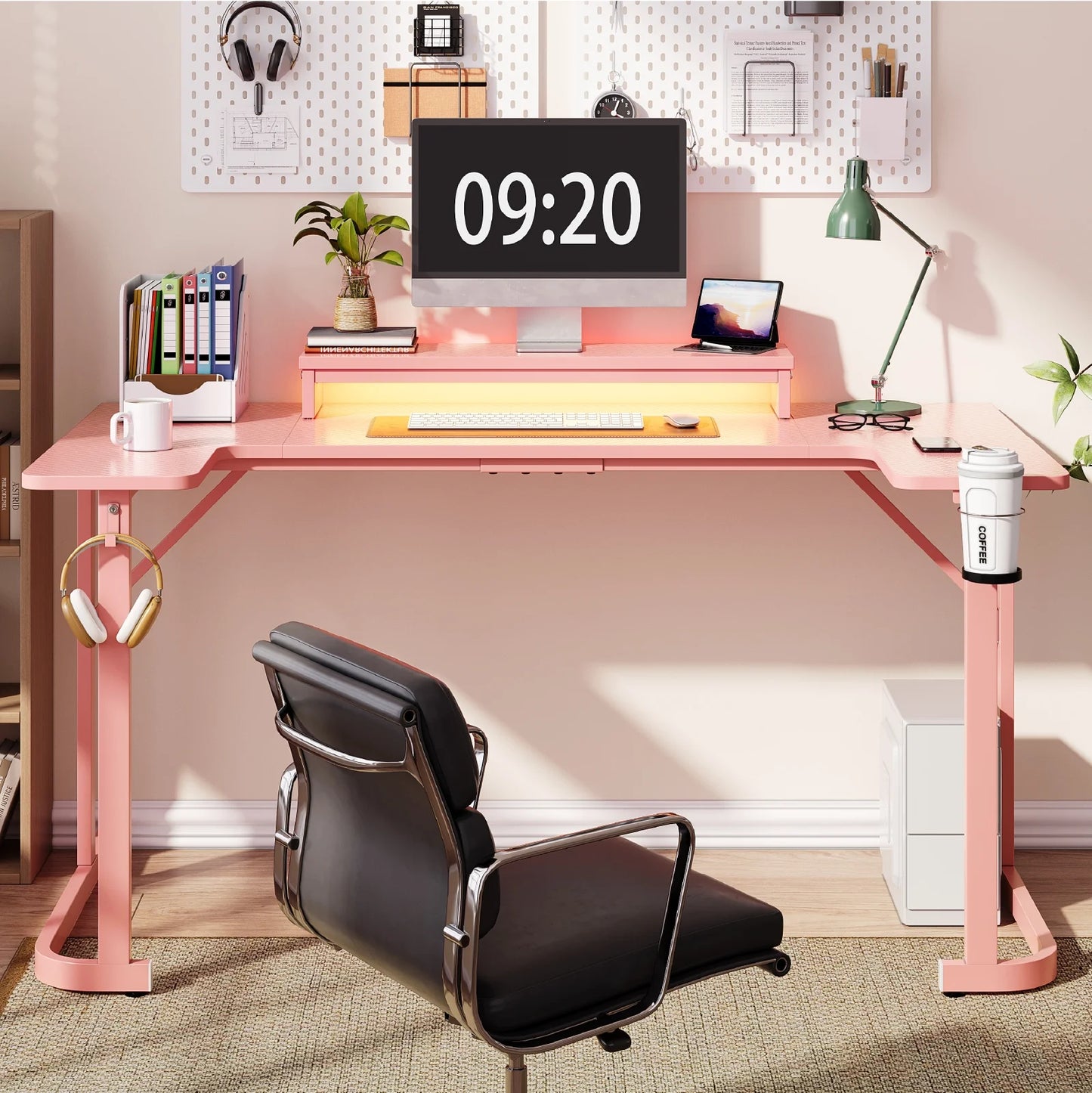 59 Inch U Shaped Gaming Desk with LED Lights, Computer Desk with Monitor Stand, Hooks and Cup Holder, Home Office Desk, Pink