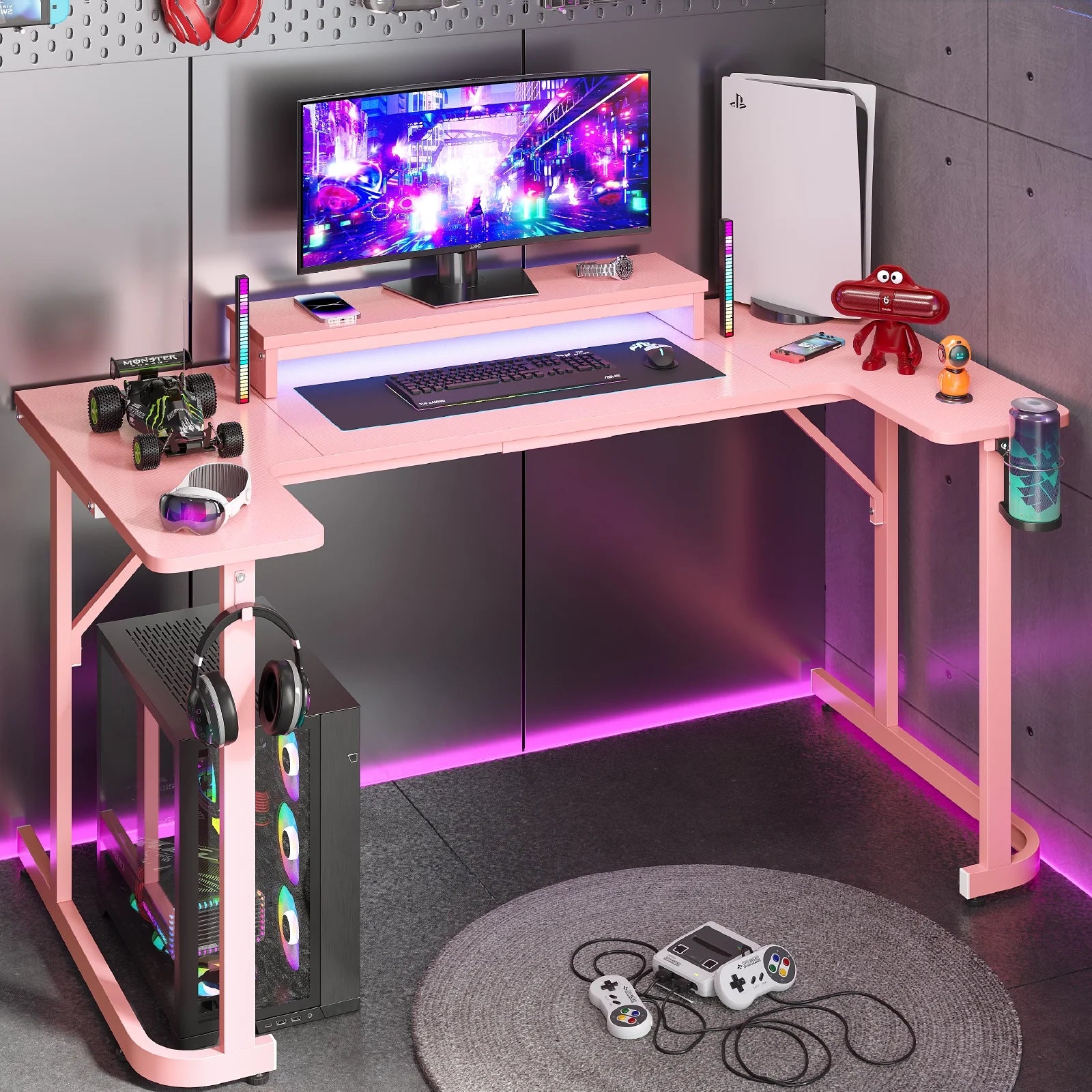 59 Inch U Shaped Gaming Desk with LED Lights, Computer Desk with Monitor Stand, Hooks and Cup Holder, Home Office Desk, Pink